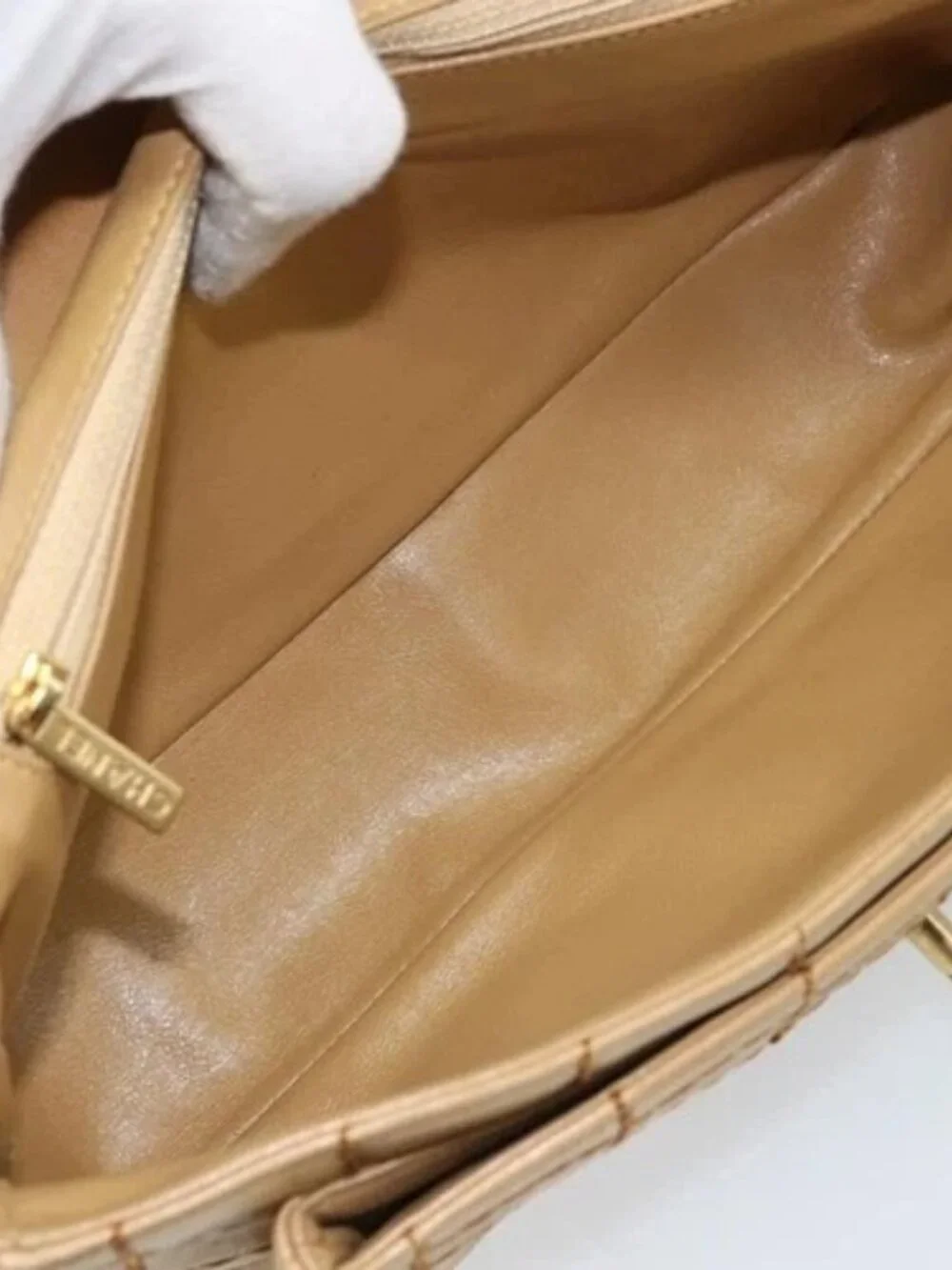 CHANEL Wild Stitch Choco Bar Chain Bag Lamb Skin Beige Gold CC Auth gh2006